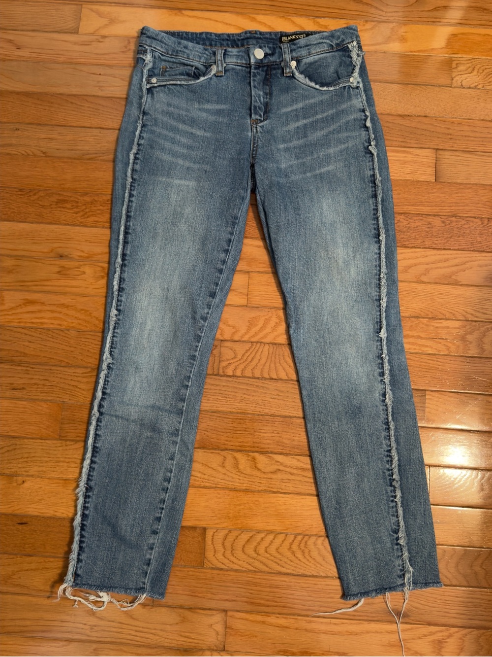 Blank NYC Distressed Side Seam Straight-Leg Jeans in Mid Blue